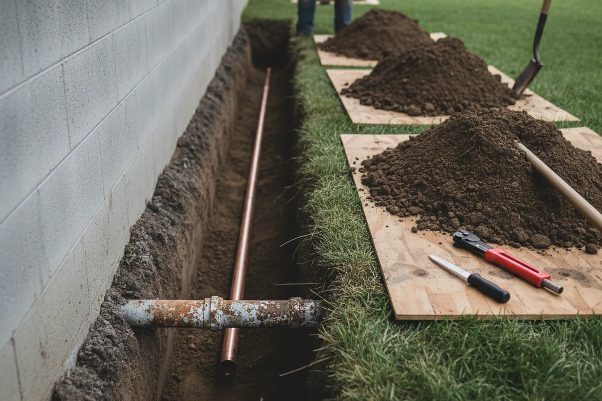 Excavated water line trench during Water Heater Repair in Tiff City
